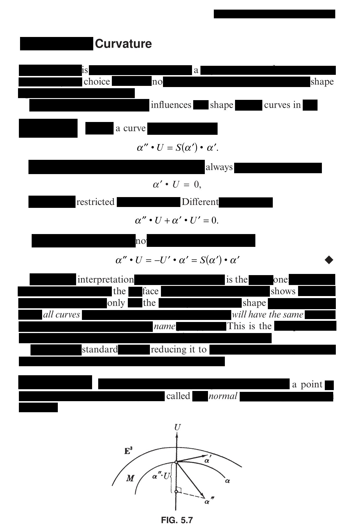 An erasure poem entitled 'Curvature is Normal' from the book 'Elementary Differential Geometry' by Barrett O'Neill