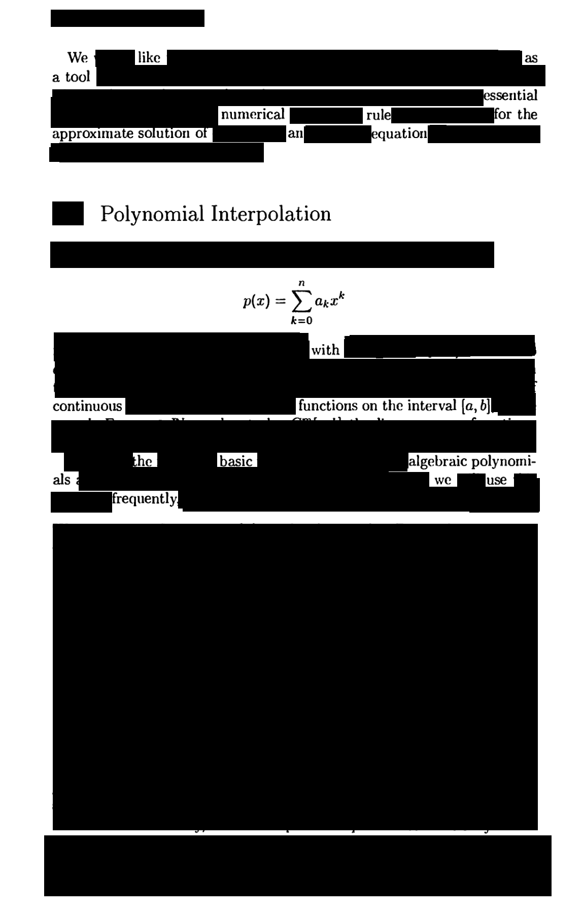 An erasure poem entitled 'Interpolation' using the book 'Numerical Analysis' by Rainer Kress